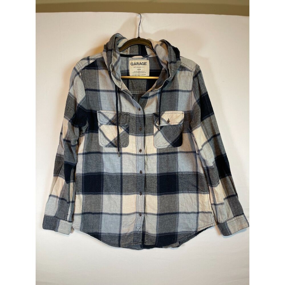 Garage Womens M Plaid Hooded Flannel Shirt Boyfriend Fit Blue Gray Button Medium